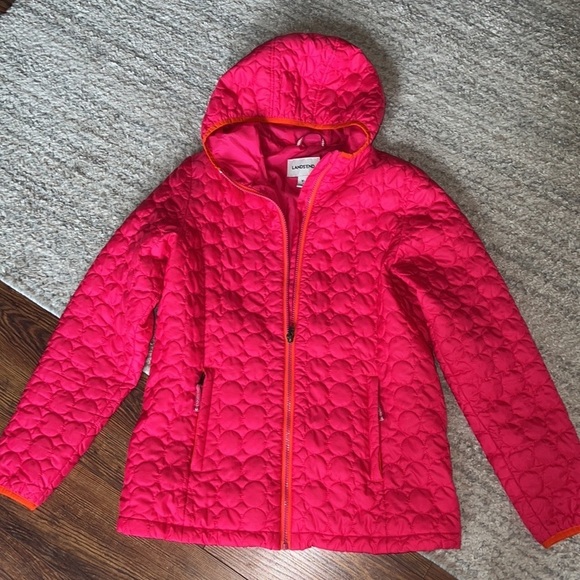Land’s End hooded puffer jacket. Girls XL pink orange trim. EUC. - Picture 4 of 9
